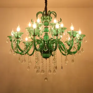 Moderno y de lujo ronda anillo colgante de luz K9 verde cadena araña de cristal hotel decorativas lámparas lámpara colgante