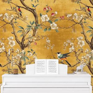 Carta da Parati Vintage Chinoiserie con Motivi Floreali Dorati e Uccelli, Decorazione Murale Botanica Tradizionale Cinese per Sala da Pranzo, Soggiorno, Camera da Letto - Product Image 3