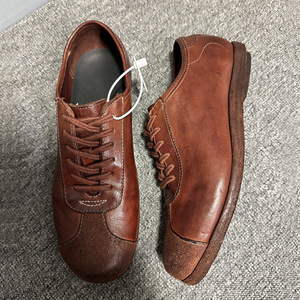 Zapatos casuales de cuero con patchwork para hombre, color marrón oscuro, tacón bajo, suela cosida a mano, color sólido, cordones delanteros, estilo juvenil - Product Image 3