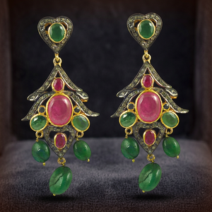 Vintage Women's Gold Plated Jade Ruby Drop Earrings Heart Shape Bezel Setting Party Jewelry Alloy Fashion Earrings - Product Image 3