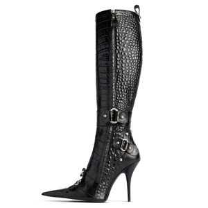 Women's Metal Decor Knee High <b>Boots</b> Pointed Toe Animal Print Long Booties Stiletto Side Zipper Stage Shoes - Product Image 1