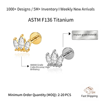 ASTM F136 Implantatqualität Titan 18K Vergoldet Blumen-Design Innengewinde Labret Helix Tragus Lippenpiercing Zirkon Hochzeit