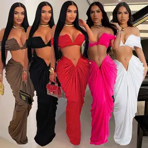 CW10642 Women Sets Clothing Off The Shoulder Crop Top And Ruched Long Skirt Outfits Draping Club Two Piece Set