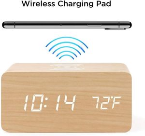 Réveil numérique LED à commande vocale en bambou avec affichage de la température, chargeur sans fil super rapide 10W, fonction snooze, cadeau promotionnel - Product Image 1