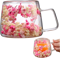 Mug à café en verre borosilicate à double paroi avec motif de fleurs séchées, tasse à lait et à eau avec poignée pour la décoration de la maison, les fêtes, les mariages, les bars