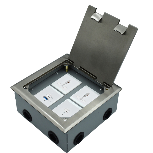 NEPCI 180X180MM Stainless Steel Floor Socket Box XJY-TDC-180KB Metal Ground Socket with 4pcs 45mm USB Charger Socket Module