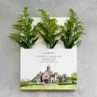 Cartes d'invitation de mariage personnalisées en papier coton avec impression verte chêne vieilli, estampage à chaud et gaufrage, style vintage élégant