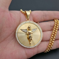 Collar con colgante de Ángel de acero inoxidable de Hip Hop, collar de circón circular chapado en oro para hombres y mujeres, joyería de oración