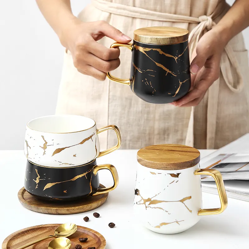 नॉर्डिक शैली चीनी मिट्टी के बरतन चाय एस्प्रेसो कॉफी कप सोने रिम संगमरमर लक्जरी सिरेमिक कॉफी मग और कप