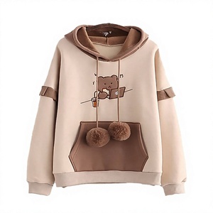 <b>Cute</b> <b>Bear</b> Printed Hoodie Long Sleeve Fleece Sweatshirt Oversized Cartoon Design Pocket With Pom Poms Unisex Casual Autumn Wear - Product Image 5