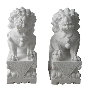 Outdoor Main Gate Fengshui Decoration Chinese Traditional White Marble Stone Fu Dog Lion Statue