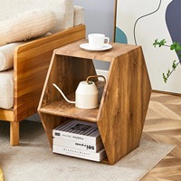 Table basse hexagonale moderne en bois foncé avec design de bord unique et étagère ouverte pour salon, mobilier de maison