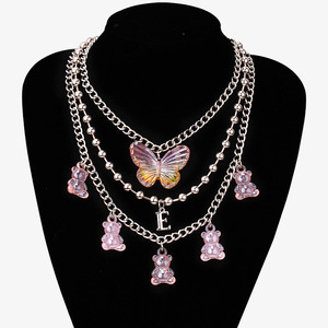 Collar en capas con dijes de mariposa y oso, aleación de zinc, cadena múltiple, joyería de moda para mujer, regalo. - Product Image 1