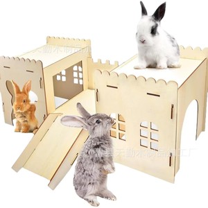 Jaula de madera para conejos, gran castillo para conejos, de doble nivel con escaleras, hábitat para conejos enanos y cerdos, escondite para hámsteres, hogar. - Product Image 2