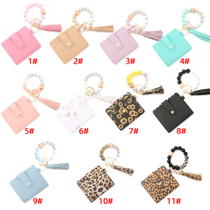 Hot Sale Leopard <b>Leather</b> Keychain Wallet with Wristlet Bangle <b>Bracelet</b> Silicone Beads <b>Bracelet</b> Beaded Keychain Wallet - Product Image 2