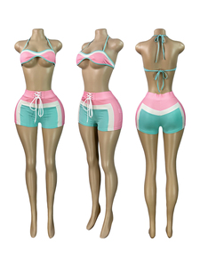 Conjunto de tres piezas de moda para mujer: top de manga larga con estampado y costuras, shorts y top corto con tirantes al pecho, ideal para el verano. - Product Image 4
