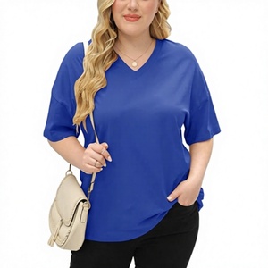 เสื้อยืดคอวีสีพื้นสำหรับผู้หญิงไซส์ใหญ่ เป็นมิตรกับสิ่งแวดล้อม เสื้อยืดแขนสั้นสำหรับฤดูร้อน สวมใส่สบายทรงหลวม เสื้อทูนิค ผ้าฝ้าย 100% 240 GSM - Product Image 2