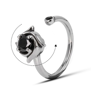 316L Stainless Steel Stress Relief <b>Ring</b> Floral Design Black Gemstone Inlay Adjustable Fashion Jewellery Unisex for Everyday Wear - Product Image 1
