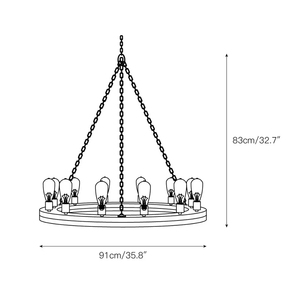 Lustre en bois Geoffrey Rustic Wagon Wheel Ring en bois patiné avec <span class=keywords><strong>suspension</strong></span> à chaîne et ampoules Edison exposées pour la salle à manger - Product Image 3