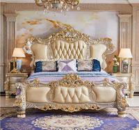 Lit double élégant en chêne massif européen avec cuir et feuille d'or, mobilier de luxe pour chambre principale, villa, mariage, maison