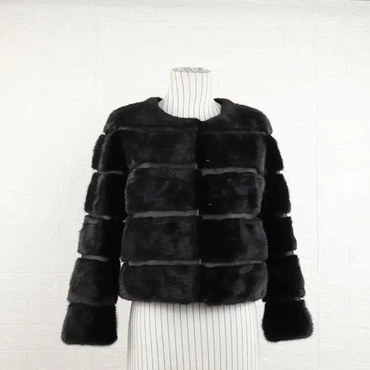round collar with leather gap black mink fur coat for women