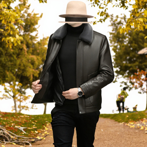 Veste en cuir véritable pour homme, doublée de peau de mouton, fermeture éclair, col rabattable, épaisse, longueur standard, vêtement d'extérieur pour l'automne - Product Image 3