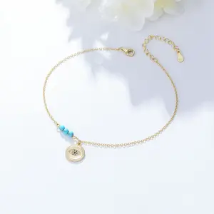 Ins Fashion Fine Jewelry 18K Gold Plated Bohemia Beach Turquoise Beaded Anklet 925 Sterling Silver Anklets Devil Eye Bracelet