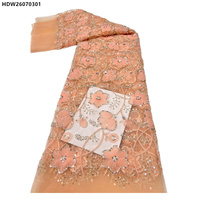 Tissu de dentelle perlée en tulle brillant nigérian avec broderie florale et perles pour robe de soirée africaine