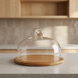 Support à gâteau décoratif en bois écologique 2 pièces avec dôme en verre, lavage à la main uniquement, le plus vendu, BS INTERNATIONAL, vente en gros - Product Image 1
