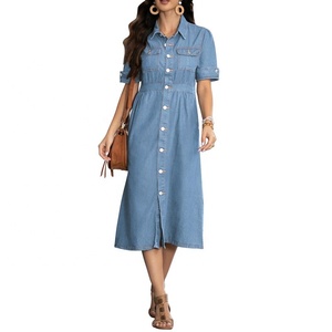 YUANBOFEI Women's Denim Shirt Dress Button Jean Ankle-Length <strong>Short</strong> Sleeve Dark Light Wash Casual Straight Elastic Waist Summer - Product Image 4
