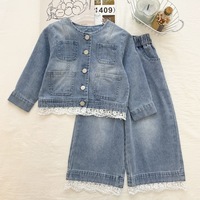Ensemble deux pièces en jean avec bordure en dentelle, tendance automne, style coréen mignon pour filles et enfants, veste à manches longues et pantalon de jogging