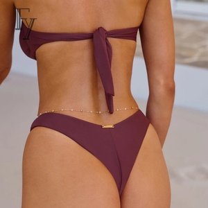 Bikini a fascia classico marrone cioccolato con fiocco frontale, senza spalline, push-up, taglio alto, sgambato, per donna, estivo, da spiaggia - Product Image 2