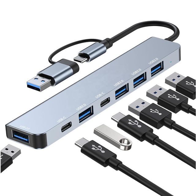 7 in 1 USB C Adapter Hub with 2 USB-C Data Ports, USB3.0 and 4 USB2.0 for Tablet, Laptop, PS5/PS4, Switch, Printer, USB Fan Etc