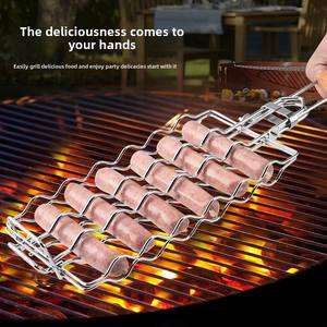 Red de parrilla de salchicha de acero inoxidable 304, estante de barbacoa plegable desmontable para perros calientes, mango de madera, herramienta de barbacoa portátil de forma larga, Clip de red - Product Image 4