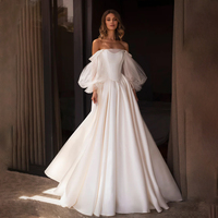 Robe de mariée en satin MHL204 à col droit, manches bouffantes en tulle, dos nu et épaules dénudées