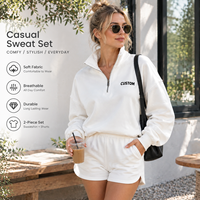 Ensemble de survêtement deux pièces pour femme avec logo personnalisé, sweat-shirt blanc à demi-zip et short à cordon de serrage, vente en gros OEM