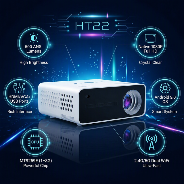 HT22 Android Smart Projector 4K Support Native 1080P Full HD Video Projector Dual WiFi BT5.0 Portable Home Cinema Beamer Room
