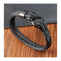 Fermoir Fer à Cheval en Acier Inoxydable Bracelet en Cuir Véritable Tissé à Double Couche Bracelet en Cuir Noir Tressé pour Homme