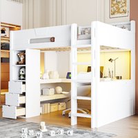 Lit superposé complet avec bureau en U, prise de courant, éclairage LED RGB intelligent, 3 tiroirs de rangement et étagères de rangement, blanc