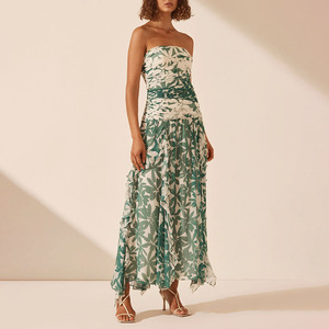 Robe longue en mousseline de soie à imprimé floral sans bretelles, taille empire plissée, robe de soirée pour femmes - Product Image 2
