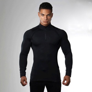 Camiseta de manga larga para <span class=keywords><strong>hombre</strong></span> Europeo Americano, informal, sólida, para correr, deportes, Otoño, cuello levantado, cremallera, mono elástico - Product Image 1