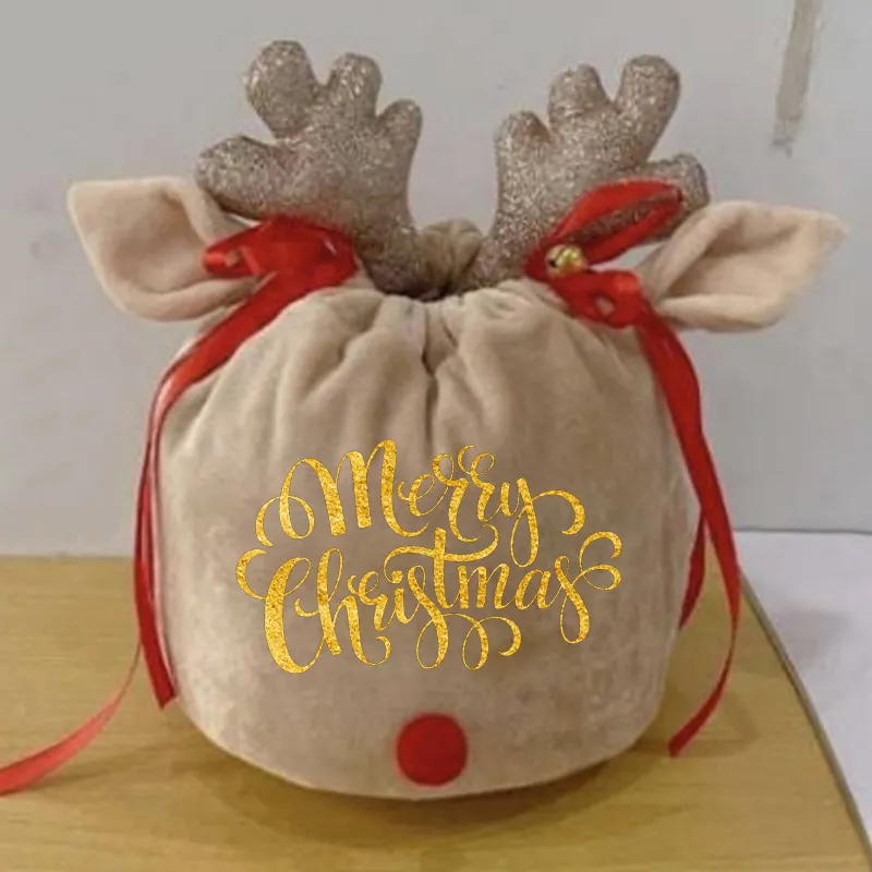 Wholesale Drawstring Candy Antler Pouch Toys Moose Gift Basket Christmas Reindeer Velvet Bags