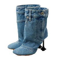 Bottines à talons irréguliers personnalisées pour femmes, en denim western, bout carré, courtes, à enfiler, antidérapantes, pour l'automne et l'hiver
