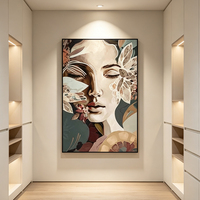 Art mural texturé peint à la main, portrait féminin abstrait fleuri, toile verticale, déco vintage chambre