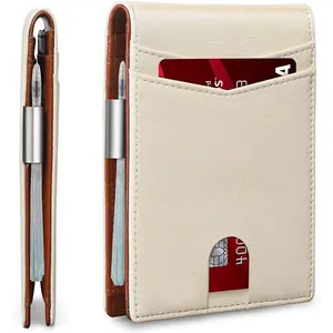 Carteira de mão para cartão de crédito de mão, carteira de couro genuíno com logotipo personalizado, carteira minimalista slim de bolso para uso masculino