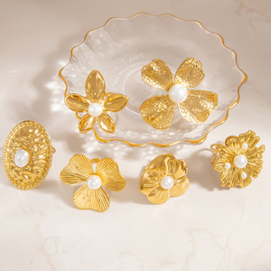 Floral Pearl <b>Ring</b> 18K Gold <b>Titanium</b> Steel Bezel Setting Unisex Everyday Wear Jewelry - Product Image 1