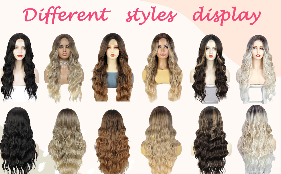 KAMA Women's Heat Resistant Lace Front Wig Dark Root Synthetic Fiber Wavy Curly Middle Part for Daily Party Use Long Wavy Style Detail Section 3