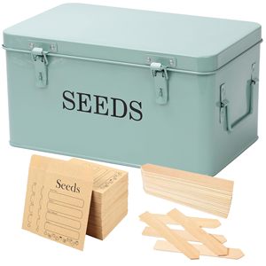 Grande boîte de rangement pour graines en métal rectangulaire vert moderne avec 4 compartiments, 40 enveloppes et 20 étiquettes pour plantes en bambou - Product Image 1