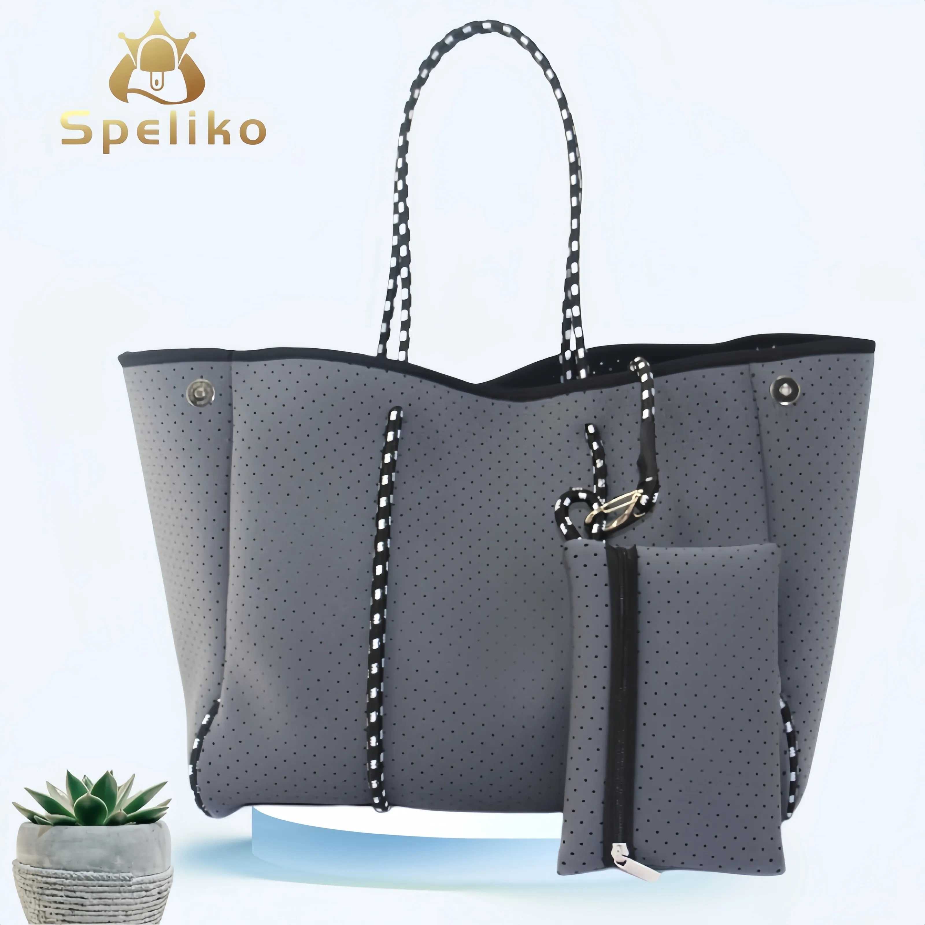 Wholesale 2022 fashion perforated custom print logo women ladies large handbag purse waterproof summer neoprene tote beach bag