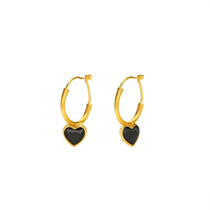 <b>Crystal</b> <b>Earrings</b> 316L Stainless Steel PVD Gold Plating Heart Shape Black Stone Huggie Hoop <b>Studs</b> For Women Jewelry - Product Image 2